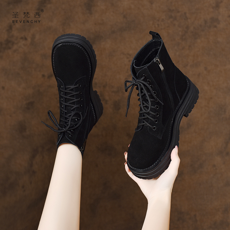 2025新款圆头磨砂厚底马丁靴女秋冬季英伦风系带小短靴春秋真皮鞋