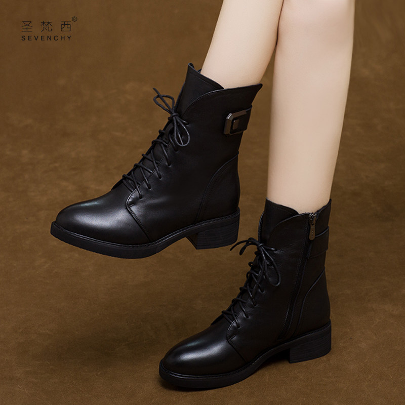 2023年新款中跟女鞋秋冬季加绒平底棉鞋短靴软底粗跟真皮鞋马丁靴,女鞋,时装靴,淘宝优惠券,粉丝福利购,淘宝优惠卷