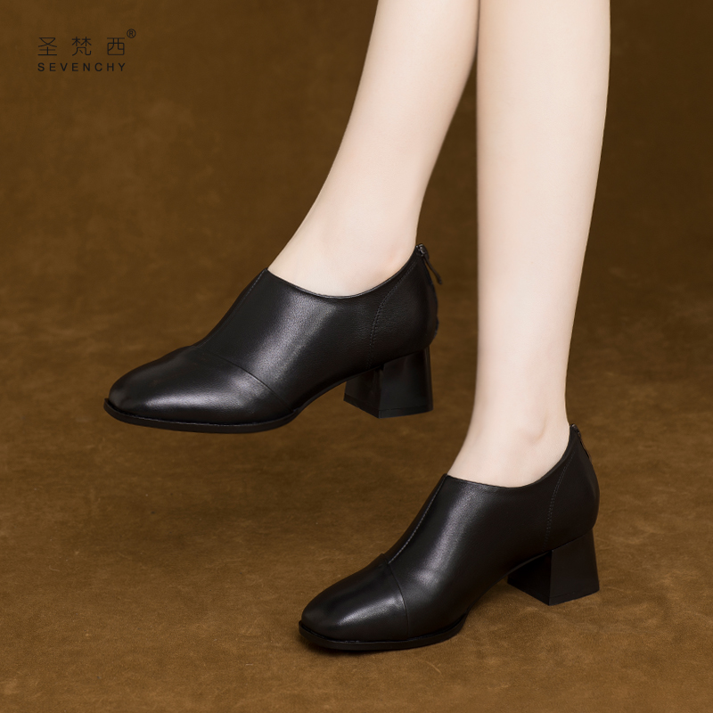 圣梵西气质百搭真皮粗跟深口单鞋