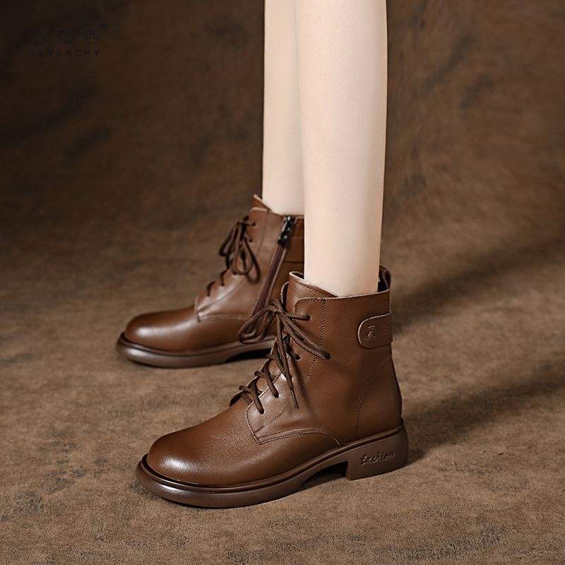 2025新款棕色复古软皮系带马丁靴女平底短靴秋冬软底真皮鞋女靴子