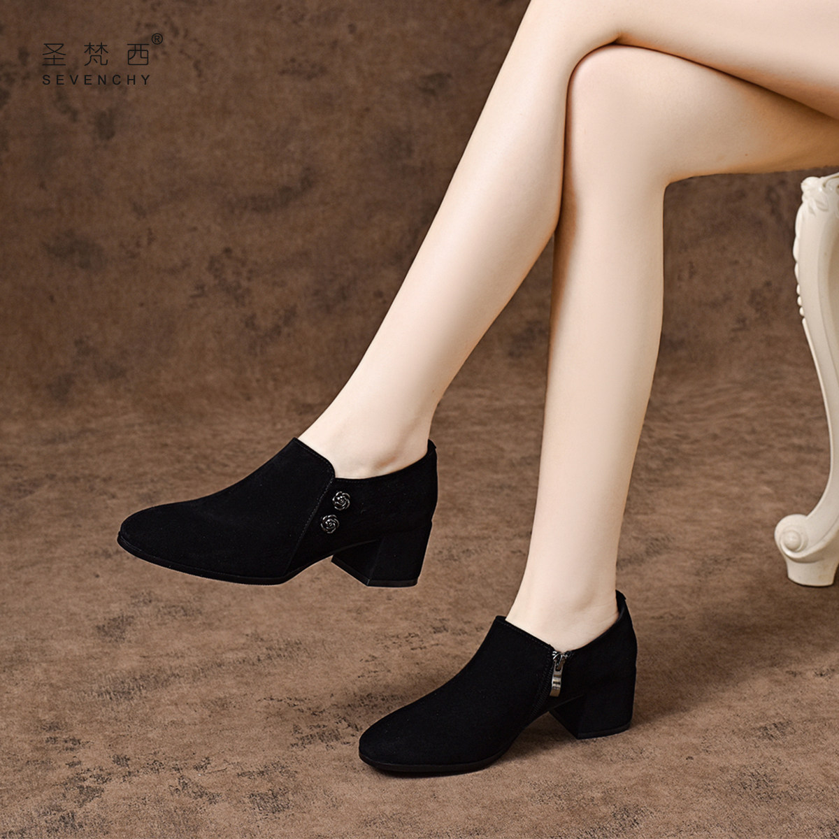 2026春季新款羊皮磨砂女鞋女士粗跟深口小单鞋气质绒面中跟真皮鞋,女鞋,深口单鞋,淘宝优惠券,粉丝福利购,淘宝优惠卷