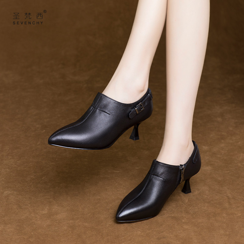 2025年新款秋款软皮高跟鞋不累脚中跟细跟深口单鞋小跟真皮鞋春秋,女鞋,深口单鞋,淘宝优惠券,粉丝福利购,淘宝优惠卷