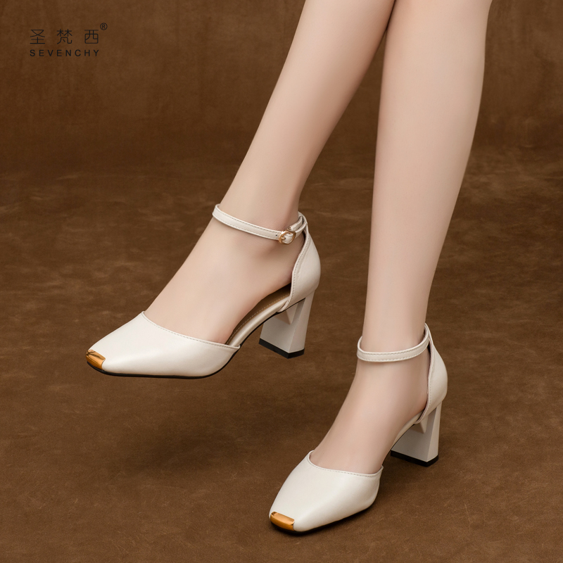 2025新款夏季女鞋方头一字扣包头凉鞋女粗跟高跟鞋单鞋软皮真皮鞋