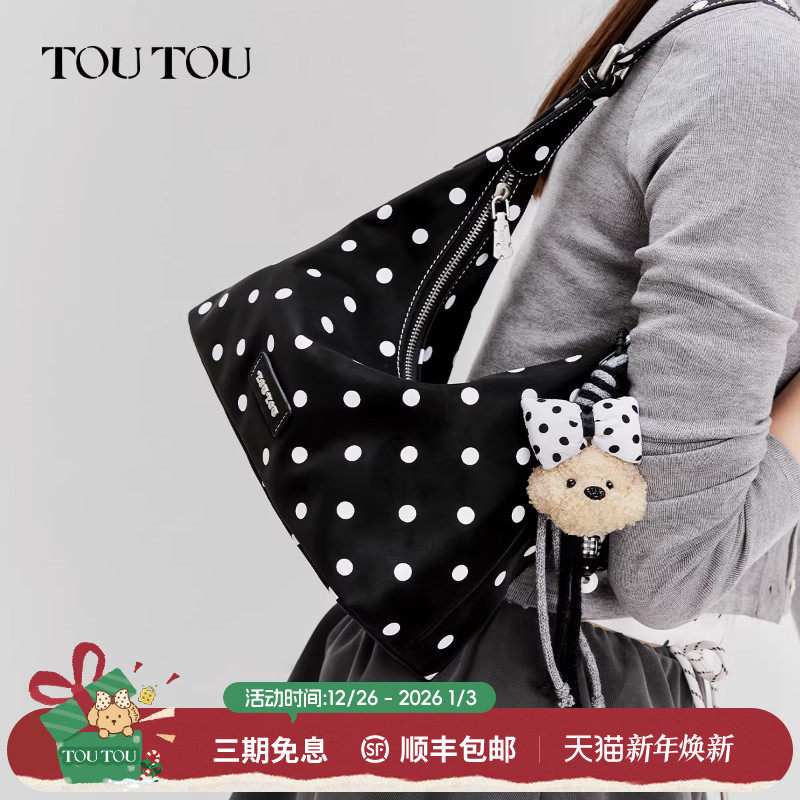 TOUTOU透透小狗波点腋下包大容量丝绒软袋hobo包通勤单肩斜挎包女