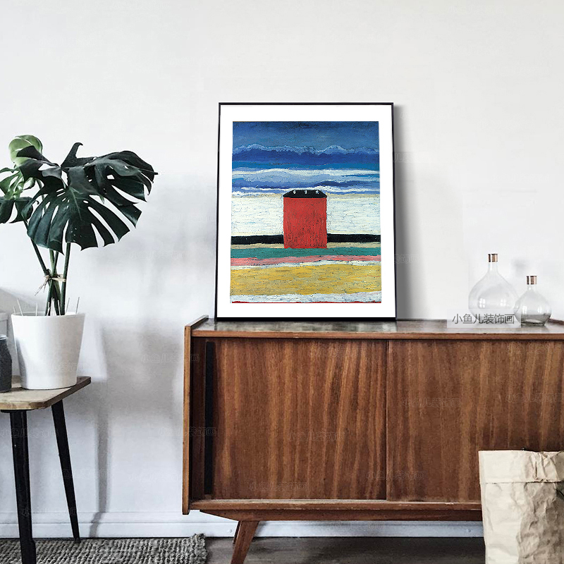 马列维奇餐厅装饰画玄关饭厅挂画客厅抽象油画简约红色小屋风景画