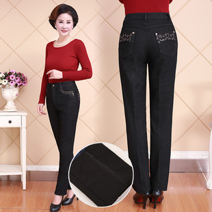 2025冬季新款中老年牛仔裤女加绒女裤高腰中年大码直筒裤宽松棉