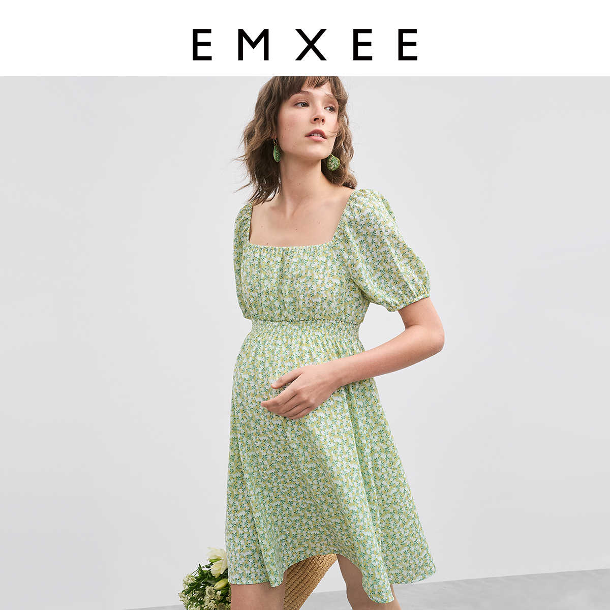 【特价】嫚熙孕妇装时尚洋气方领泡泡袖连衣裙孕期外穿裙子夏季