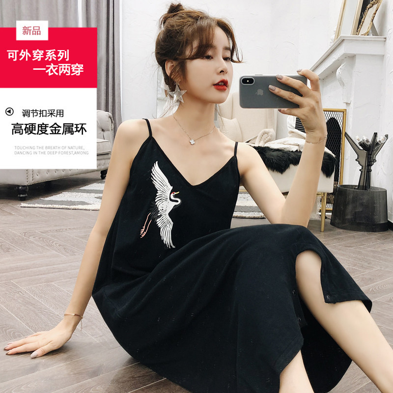 2019睡衣女夏纯棉薄款可两穿吊带睡裙可爱卡通女人宽松外穿家居服