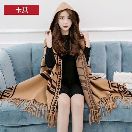 帽子斗篷外套女披风空调披肩民族风夏季仿羊绒围巾两用加厚长款
