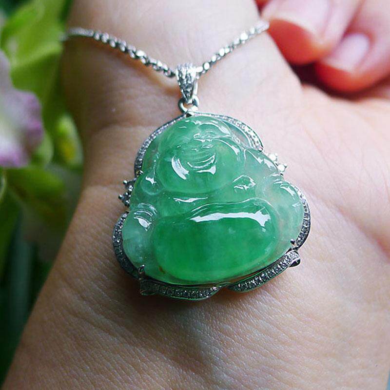 天然A货缅甸翡翠冰种果阳绿色佛公吊坠玉佛项链18K金镶玉钻石女款
