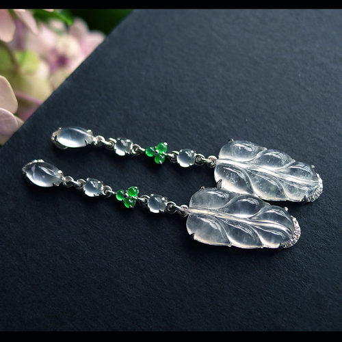 天然A货高冰种翡翠叶子耳环-玻璃种翡翠叶子耳环耳坠18K金现货