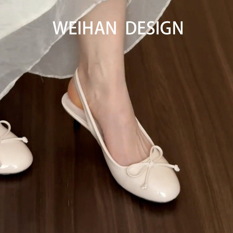 羊皮版！甜美芭蕾风包头凉鞋女蝴蝶结圆头晚晚鞋后空细跟高跟鞋