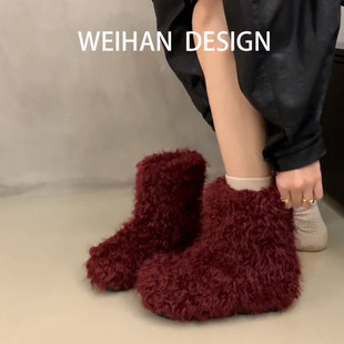 羊皮版！复古红色加绒雪地靴女冬保暖毛毛鞋羊羔毛棉鞋内增高短靴