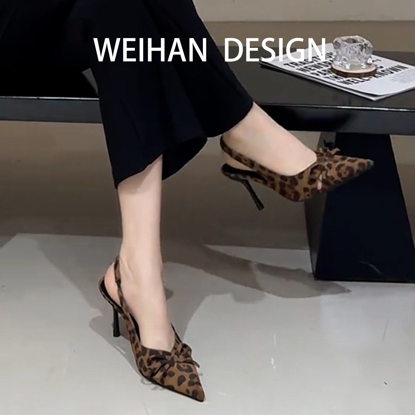 羊皮版！后空尖头豹纹高跟鞋女配裙子包头凉鞋绒面春夏单鞋欧美风