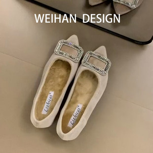 羊皮版！法式小香风水钻加绒单鞋女尖头浅口内增高玛丽珍鞋晚晚鞋