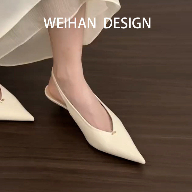 羊皮版！法式高级尖头高跟鞋女低跟气质款包头浅口后空凉鞋配裙子