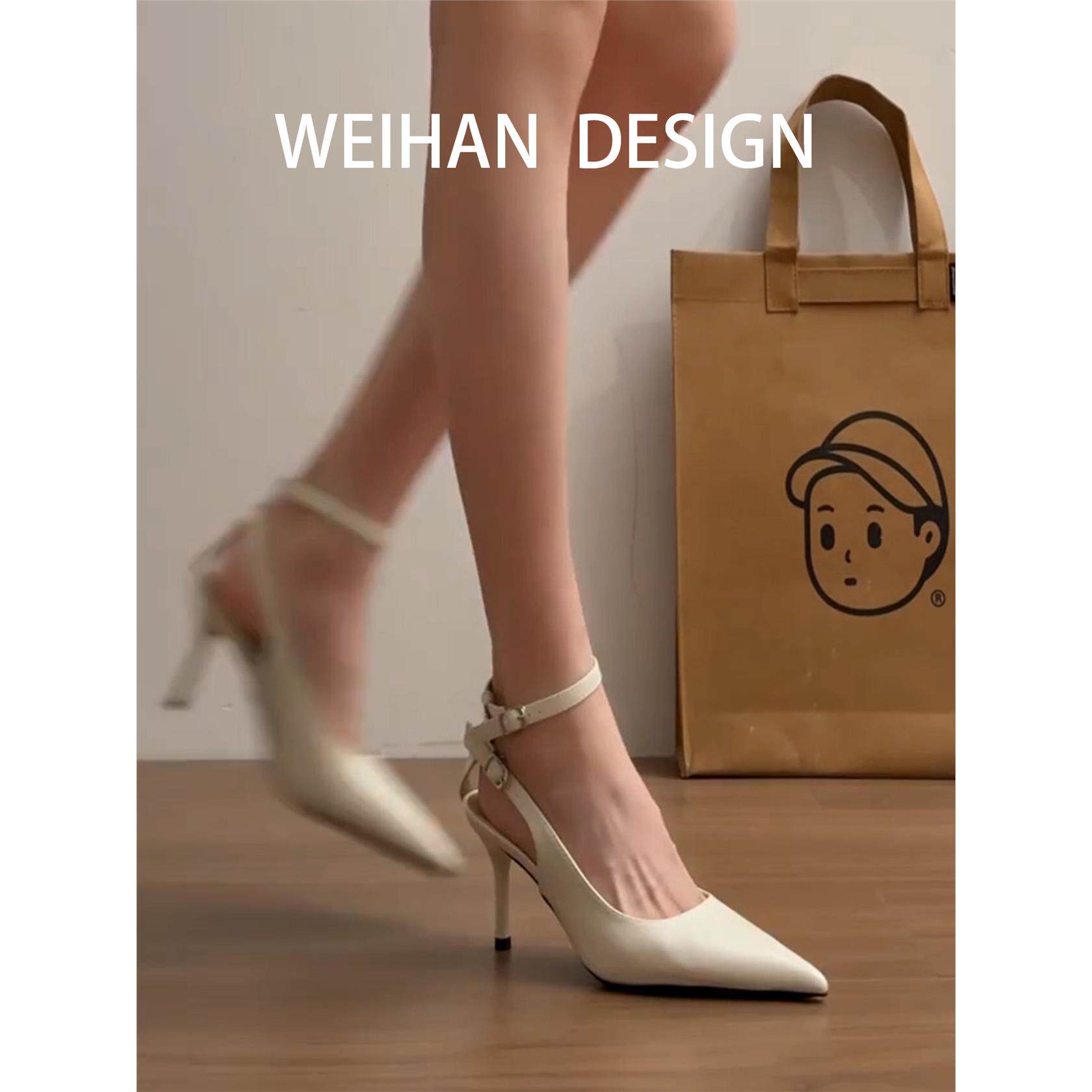 羊皮版！白色法式尖头包头凉鞋女一字扣带浅口高跟鞋性感后空单鞋