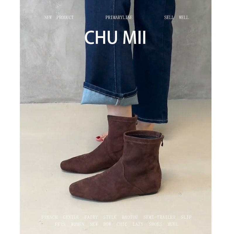 羊皮版~复古绒面平底短靴女内增高方头弹力瘦瘦靴法式百搭踝靴