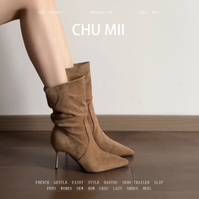 法式尖头细跟高跟短靴女