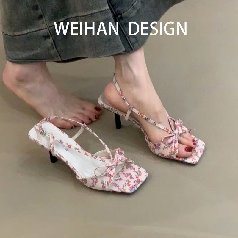 羊皮版！法式绝美蝴蝶结高跟凉鞋女春夏晚风配裙子方头细跟高跟鞋