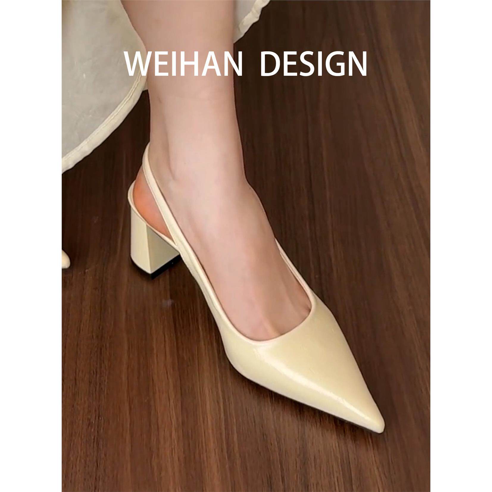 羊皮版！粗跟尖头后空包头凉鞋2026春夏漆皮高跟鞋气质配裙子单鞋