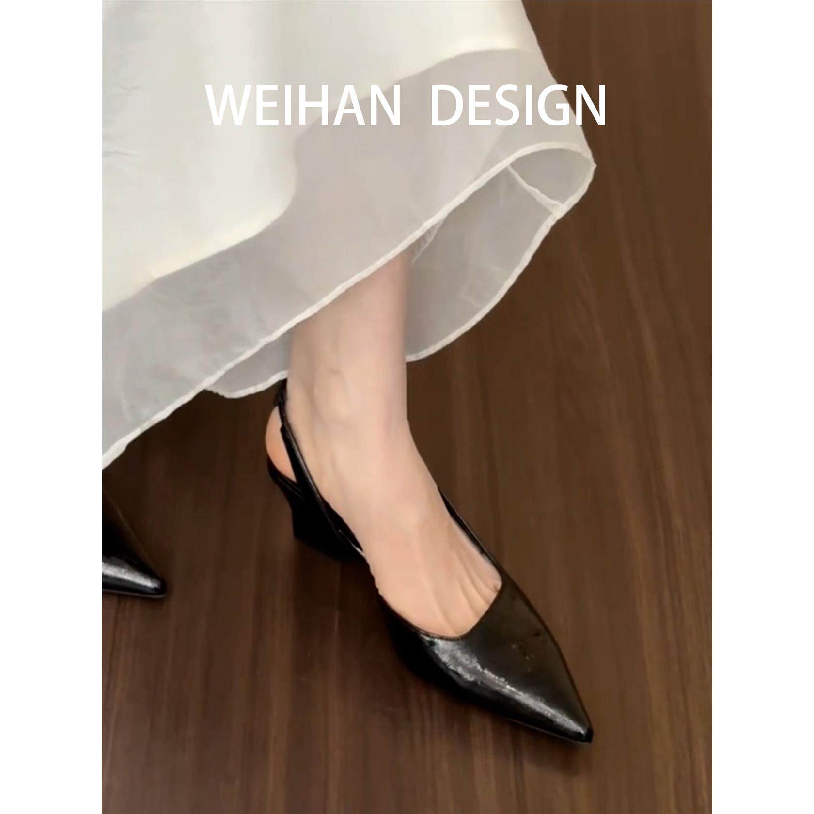 羊皮版！黑色尖头坡跟内增高凉鞋女夏季高级感配裙子后绊带高跟鞋