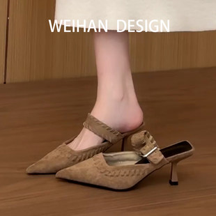 羊皮版！复古一字带细跟包头凉鞋时尚尖头高跟半拖鞋外穿後空单鞋