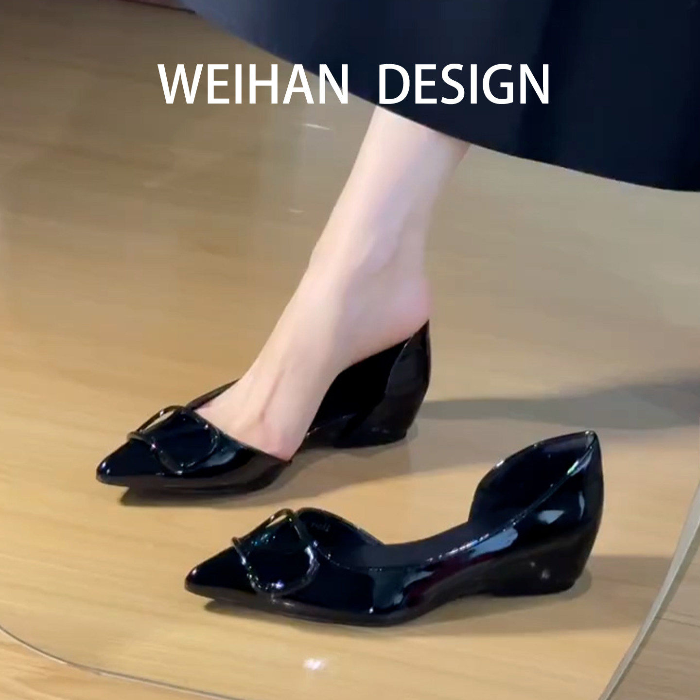 羊皮版！法式尖头侧空V扣单鞋黑色内增高通勤工作鞋一脚蹬平底鞋