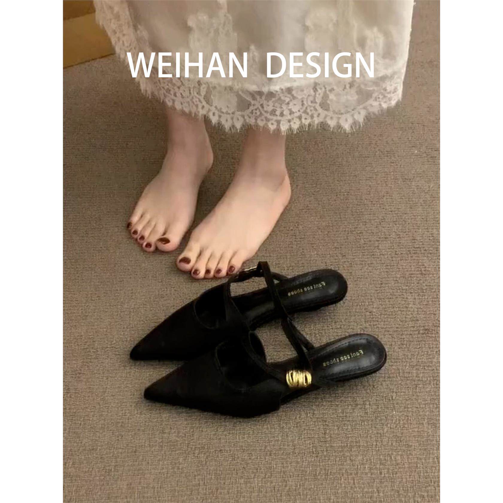羊皮版！尖头小低跟包头半拖鞋女外穿一脚蹬懒人浅口玛丽珍凉拖鞋