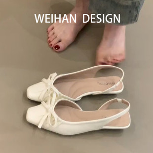 羊皮版！低坡跟高级感包头凉鞋女夏配裙子蝴蝶结单鞋外穿晚晚单鞋