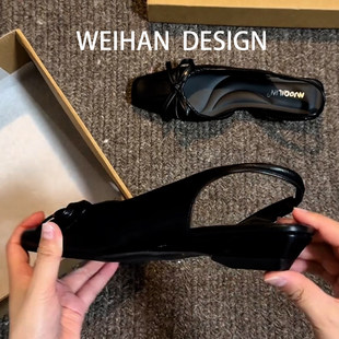 女夏方头蝴蝶结皱褶小众包头凉鞋 羊皮版 黑色缎面坡跟后绊带单鞋