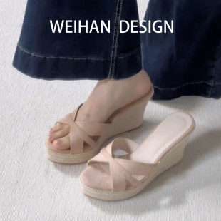 露趾高跟凉鞋 女夏外穿厚底凉拖鞋 一字拖罗马草编坡跟拖鞋 羊皮版