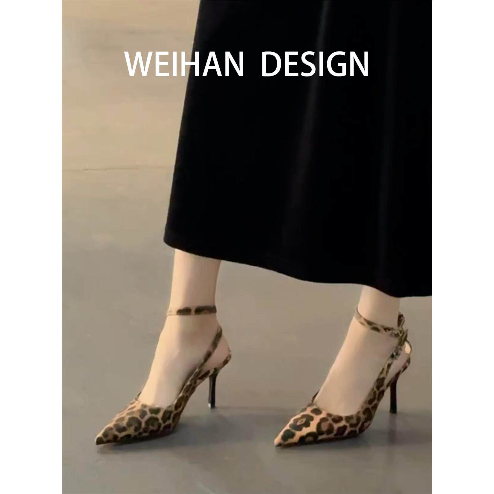 羊皮版！豹纹尖头高跟鞋女一字带细跟后空包头凉鞋性感不累脚单鞋