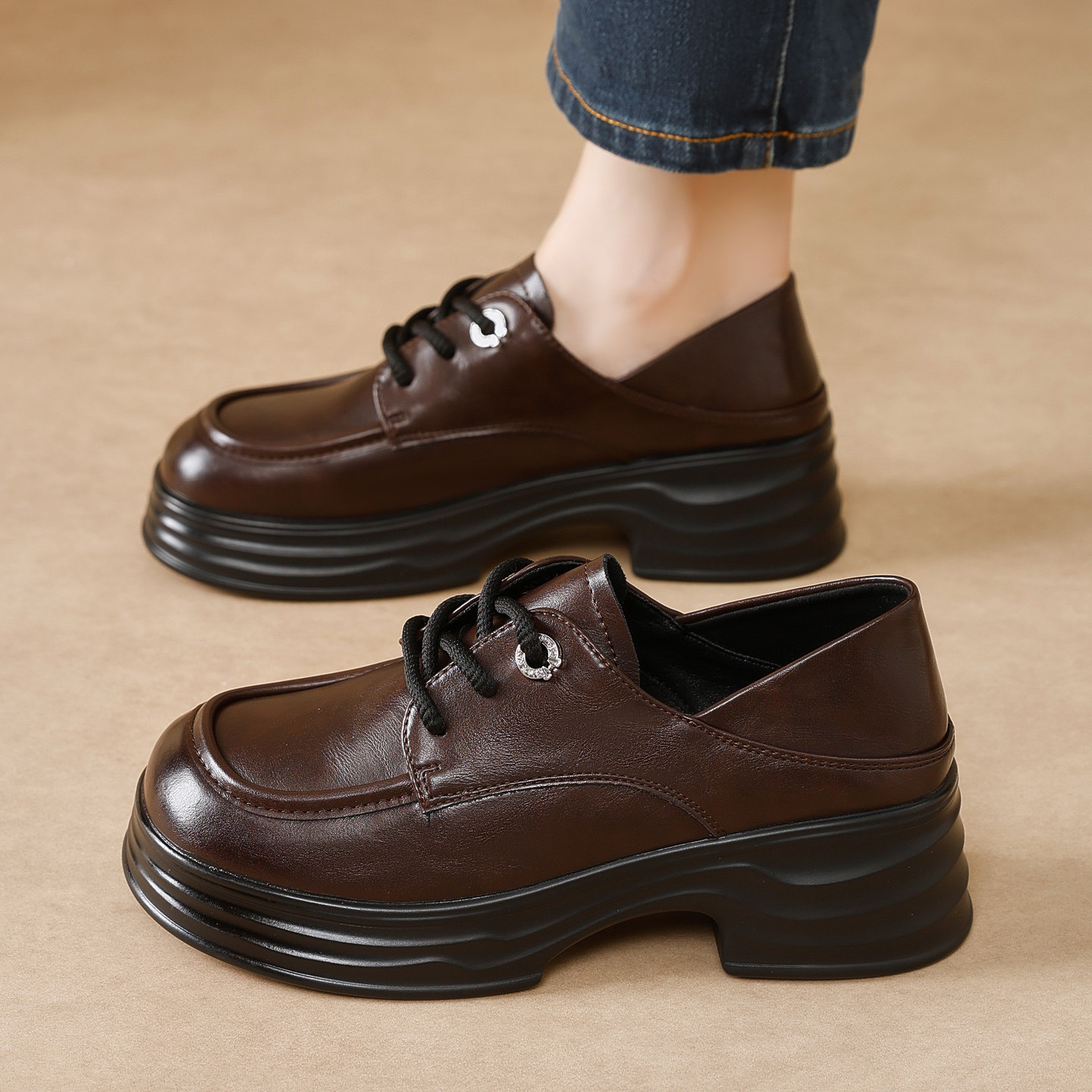 厚底乐福鞋女2025秋季新款松糕系带增高英伦风棕色皮鞋浅口小单鞋