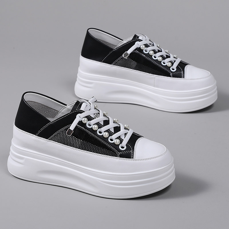 两穿真皮网面小白鞋女薄款透气夏季休闲鞋5CM厚底增高轻便显脚小