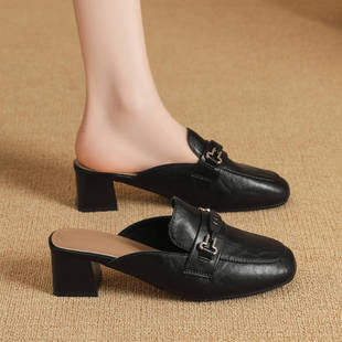 黑色气质穆勒鞋女鞋2026新款爆款粗高跟包头半拖鞋外穿软底一脚蹬