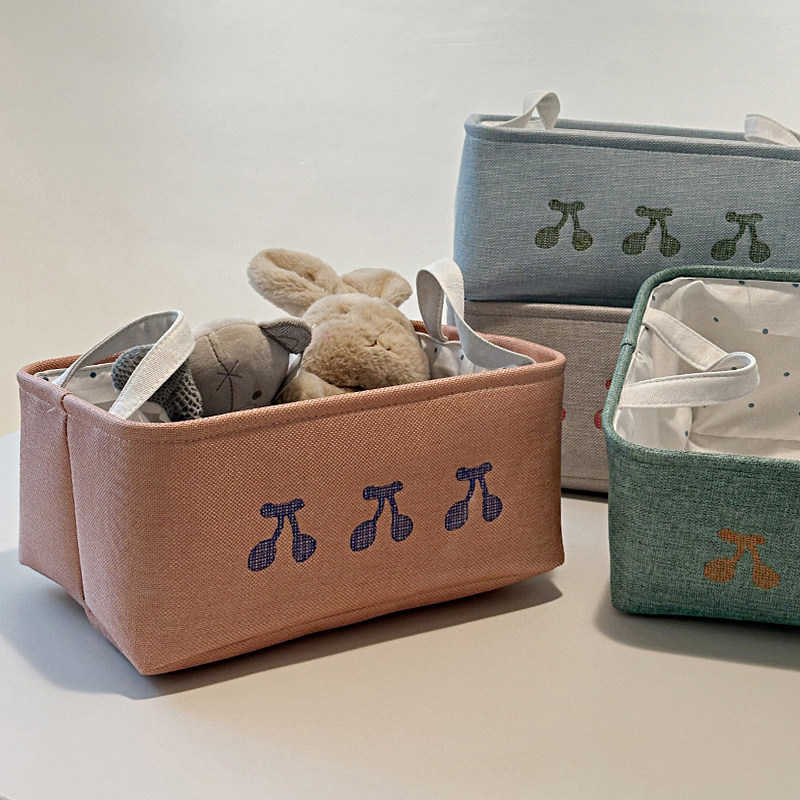 刺绣樱桃布艺收纳筐桌面书本零食杂物筐车载茶几玩具可水洗收纳盒