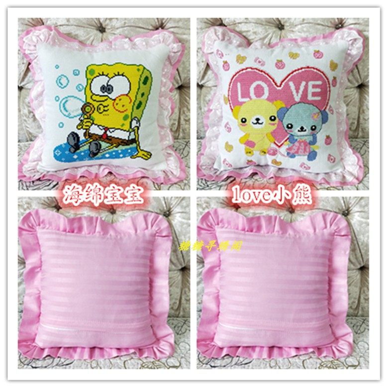 包邮手工十字绣成品抱枕海绵宝宝love小熊卡通动物花边方枕绣好的