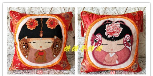 包邮手工十字绣成品抱枕中国娃娃红色红楼梦古典方枕车枕已绣好的