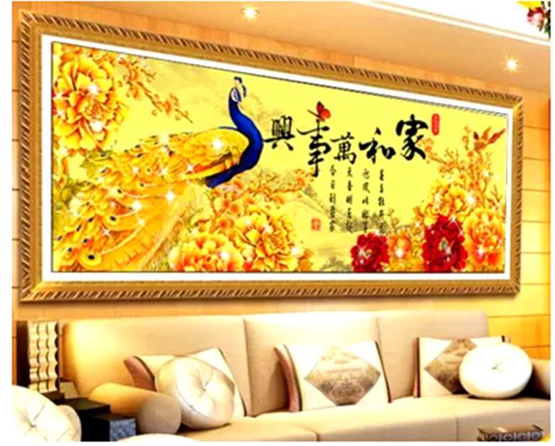 包邮 手工钻石十字绣贴画 家和万事兴金孔雀已贴好的5D魔方钻成品