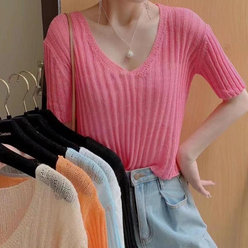 Vertical middle sleeve collar women's summer versatile thin 5-sleeve T-shirt women's loose Korean fashion