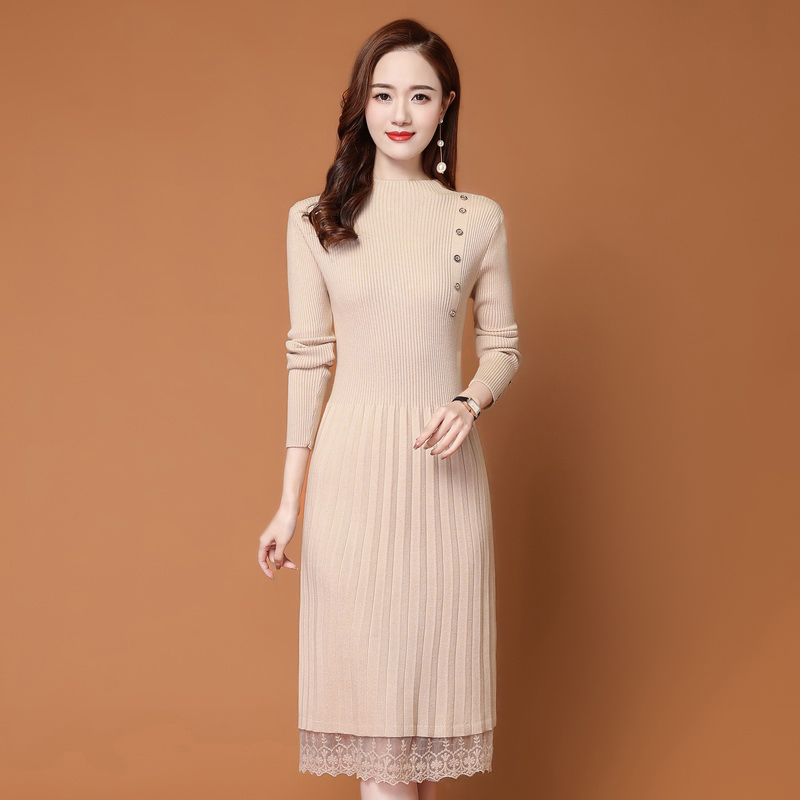 Autumn and winter new style with overcoat long knee knitted dress women's half high collar with bottom lace wool dress