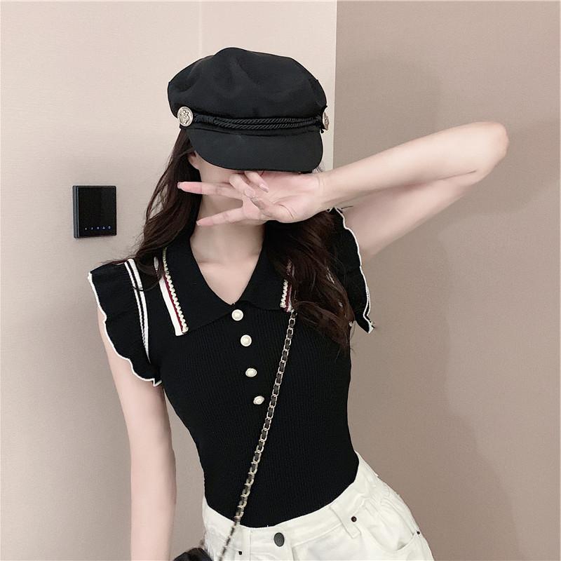 Early spring black ice silk T-shirt short sleeve women's summer new lotus leaf sleeve thin style