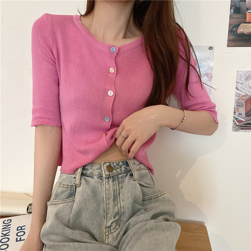 Real shot real price Korean slim round neck color button knitted shirt short sleeve cardigan