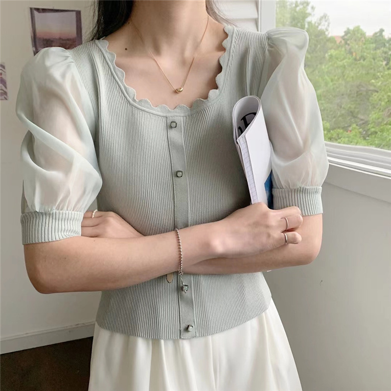 Mesh bubble sleeve stitching Ruffle knitwear summer new temperament thin slim ice silk top
