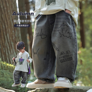 宝宝休闲裤 男童牛仔裤 卡通涂鸦男孩直筒长裤 韩版 子 2025儿童春秋款