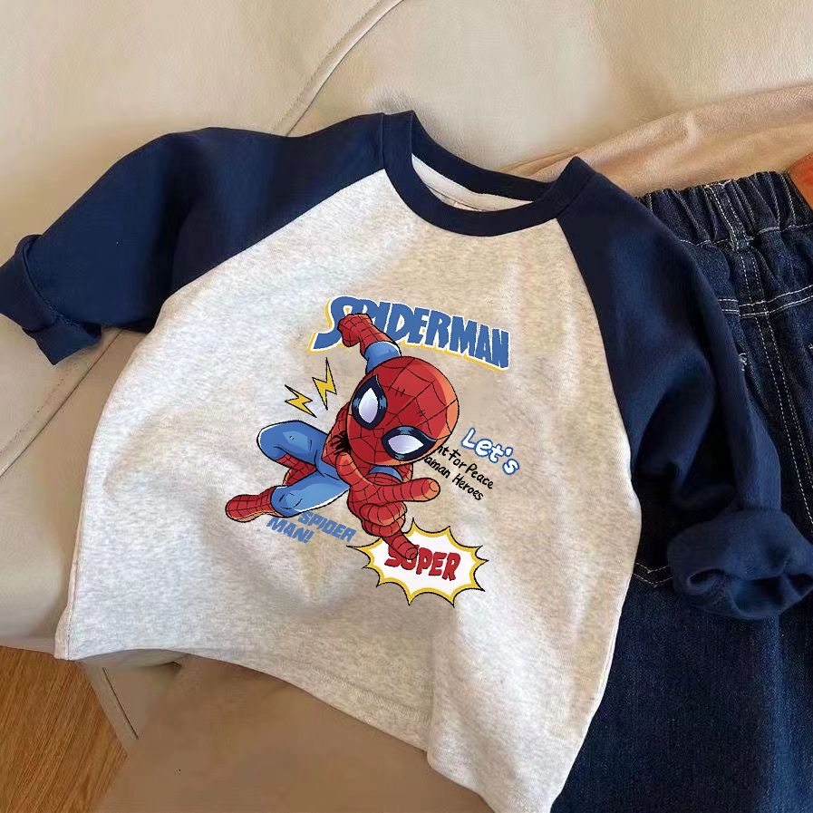 儿童超人插肩袖T恤男女童春秋新款蜘蛛侠长袖打底衫宝宝圆领上衣