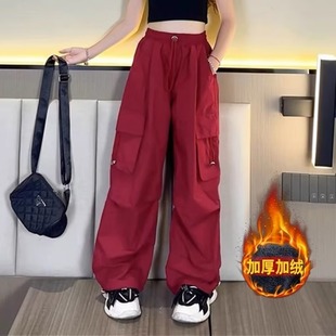 女童红色工装裤秋冬季一体加绒保暖阔腿裤中大童女孩冬装炸街街舞