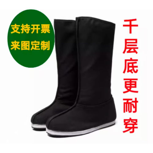 黑色帆布千层底加绒内增高官靴