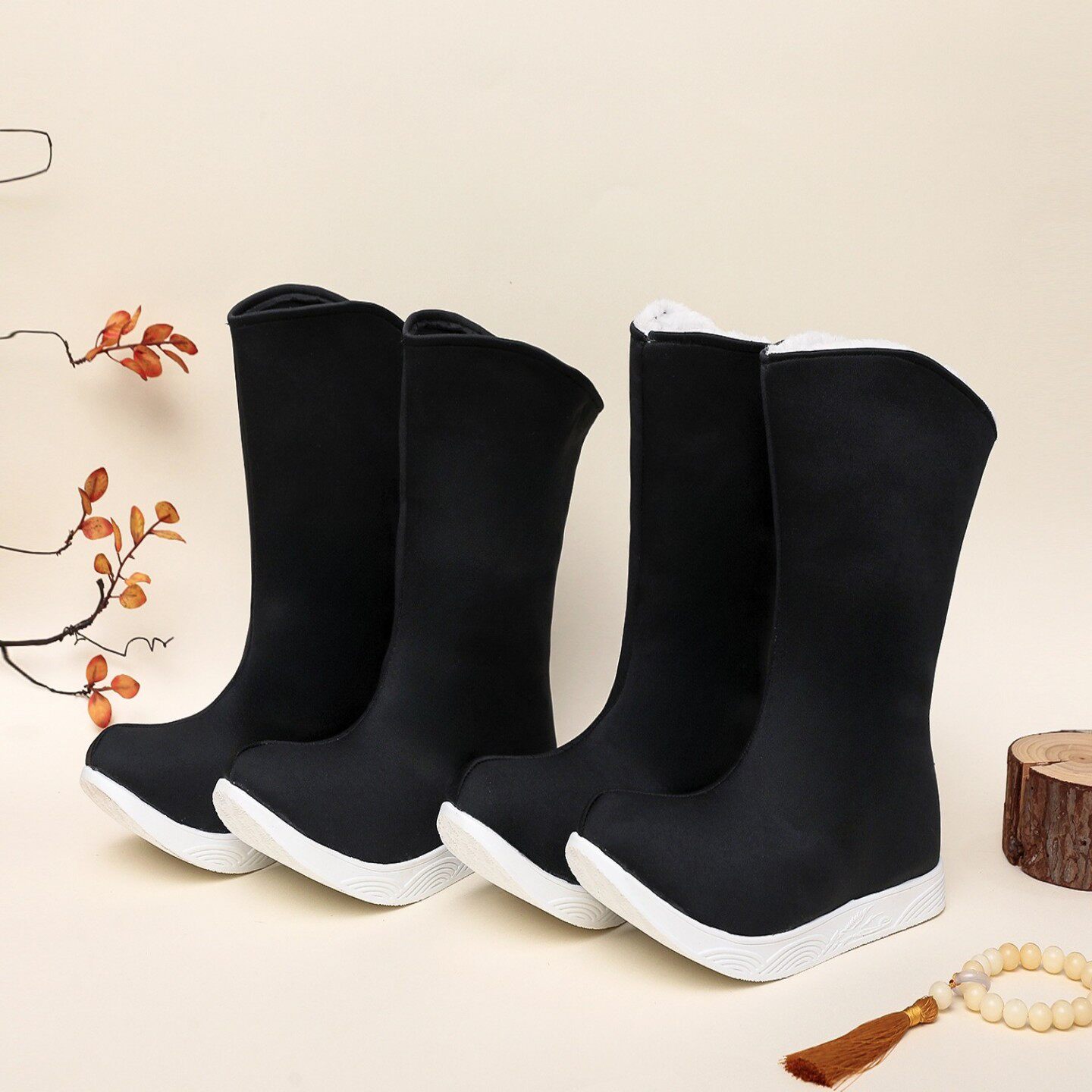 皂靴古装汉服明制靴子翘头黑色缎面中筒官靴内增高厚底鞋男童秋冬